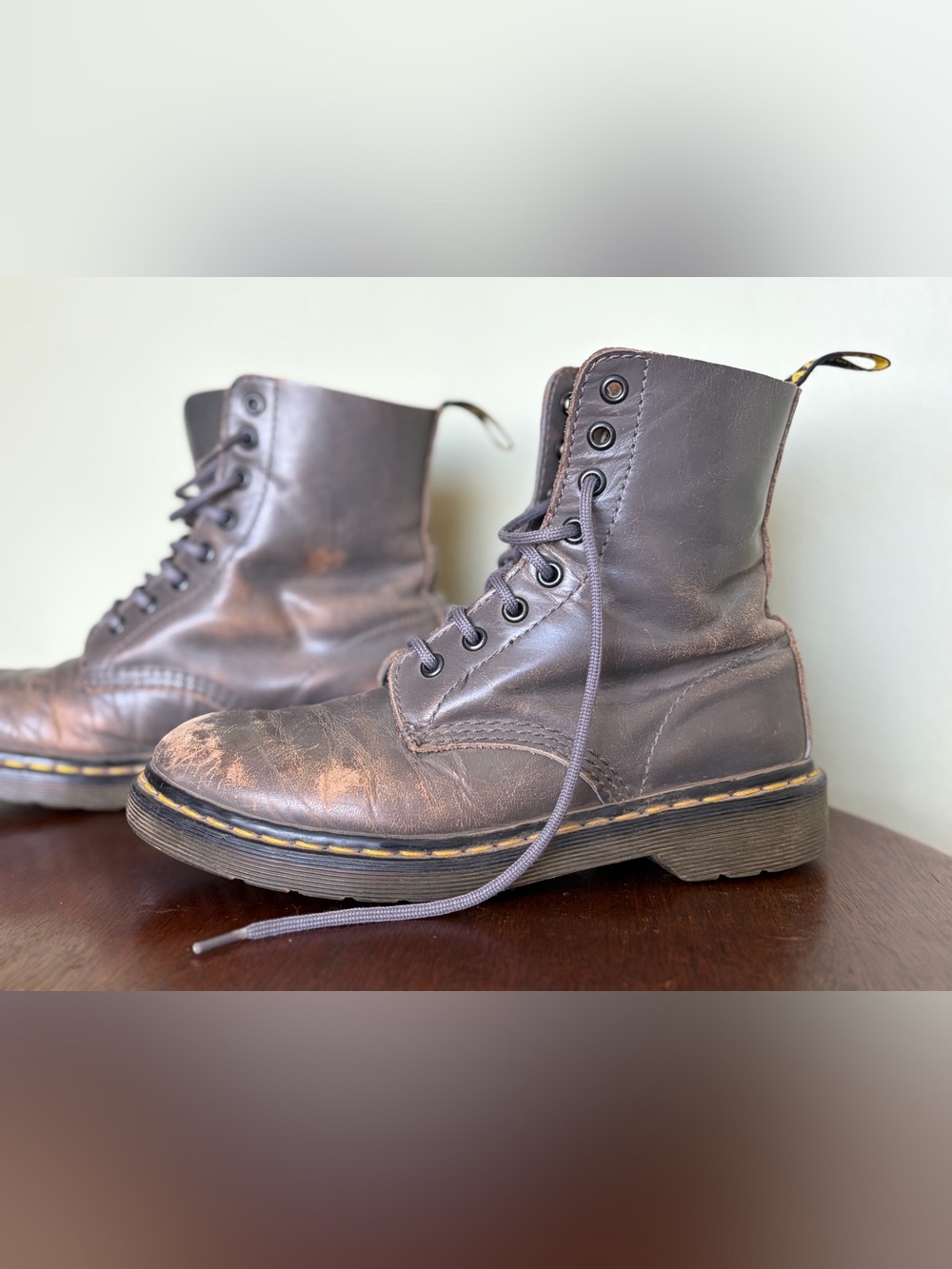 Doc Martens Worn Grey Distressed Leather Boots Womens Size 5 Grunge Bikercore